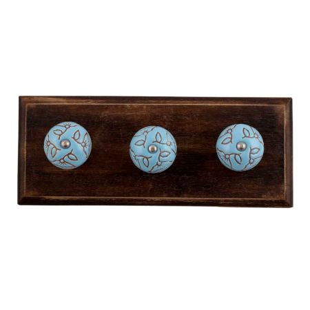 Turquoise Calla Lily Brown Etched Ceramic Wooden Hooks